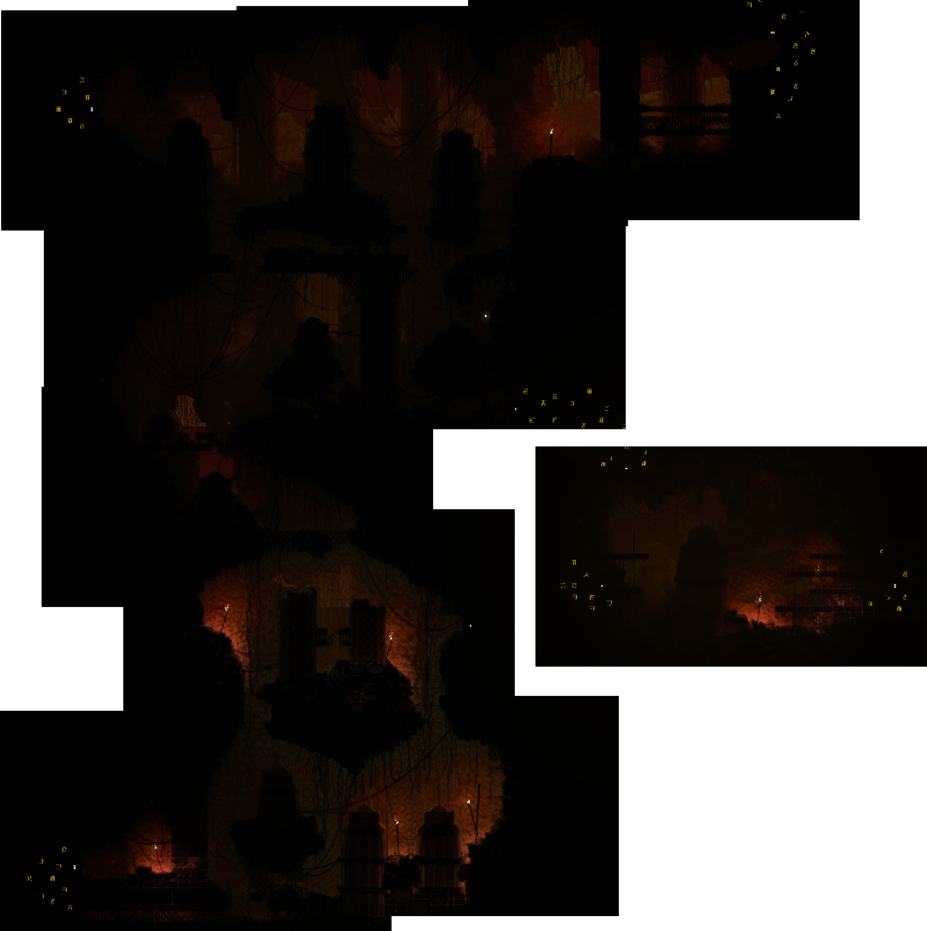 An image with a white background. There are nine screenshots of game rooms forming one large room, and one disjoint for a separate room. The nine for one room are overlapping messily.