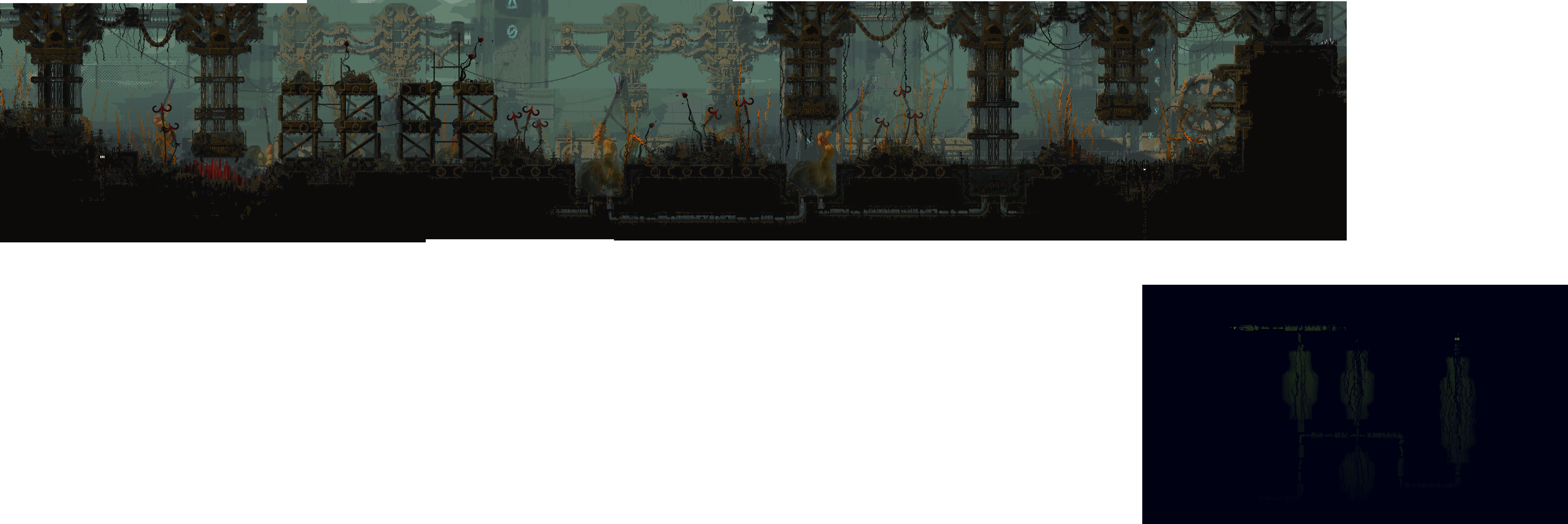 An image with a white background. There are four screenshots of game rooms in a line in the upper left, forming a long continuous room. They are slightly misaligned vertically, and there is a fifth screenshot disjoint from the others in the bottom right.