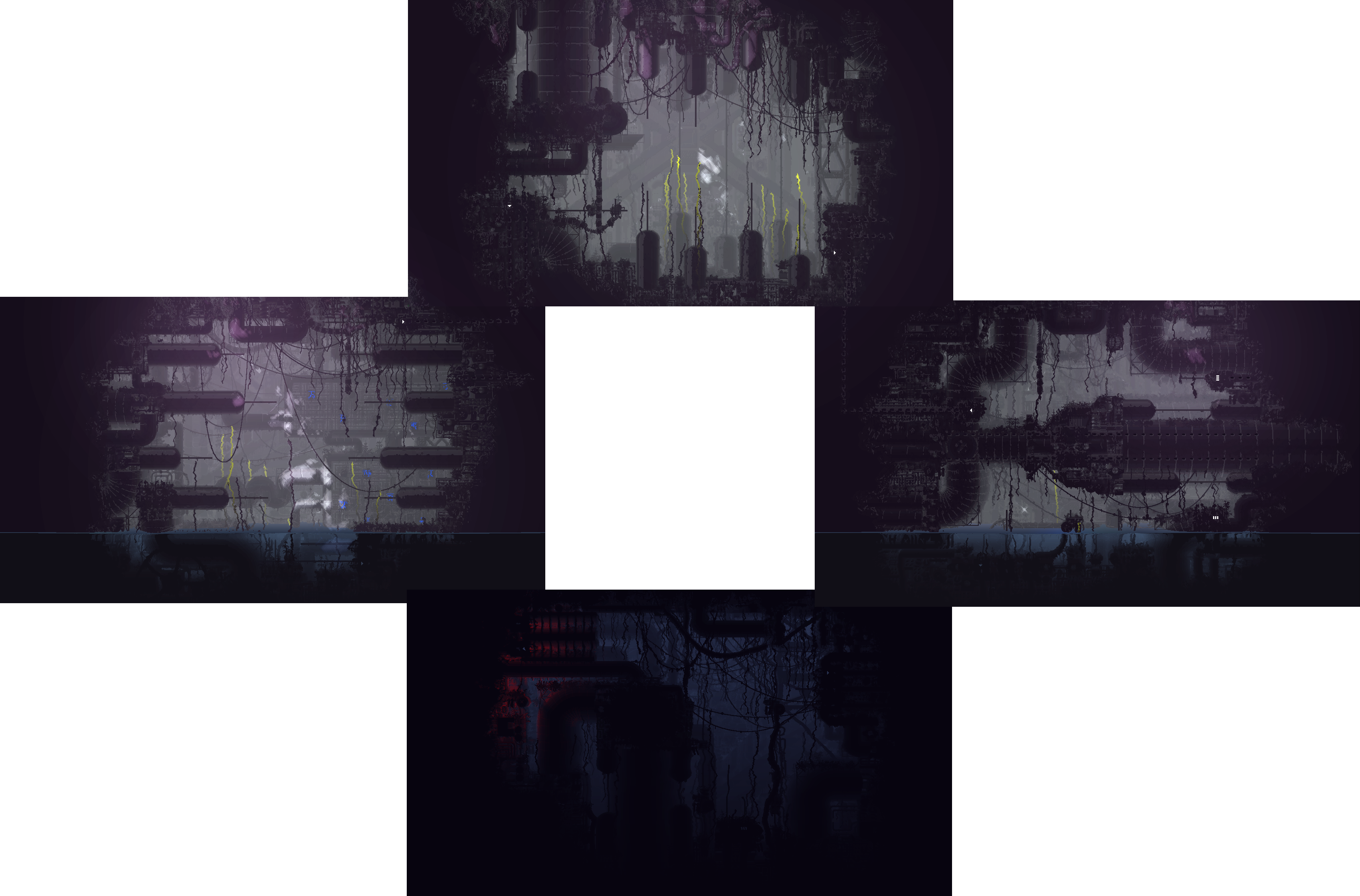 An image with a white background. There are four screenshots of game rooms arranged in a diamond, none intersecting.