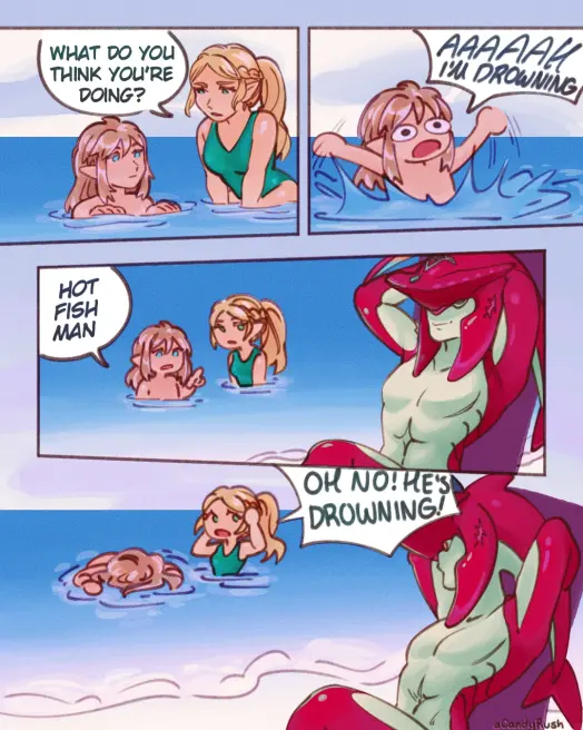 A comic showing Link flailing around in the water, pretending to freak out. In the first panel, Link says: "AAAAAH, I'm downing." In the second panel, Zelda leans over Link and asks: "What do you think you're doing?" In the third panel, Link points to Sidon who is lounging on the shore and says: "Hot fish man." In the last panel, Link can be seen face-down in the water, as Zelda shouts in false panic "Oh no! He's drowning!" Sidon is now looking across at the pair with a look of slight surprise.