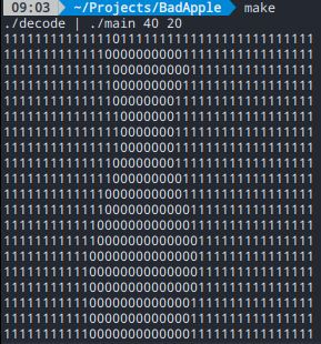 A screenshot of a terminal ASCII output for development. It is showing whether pixels are black or white.