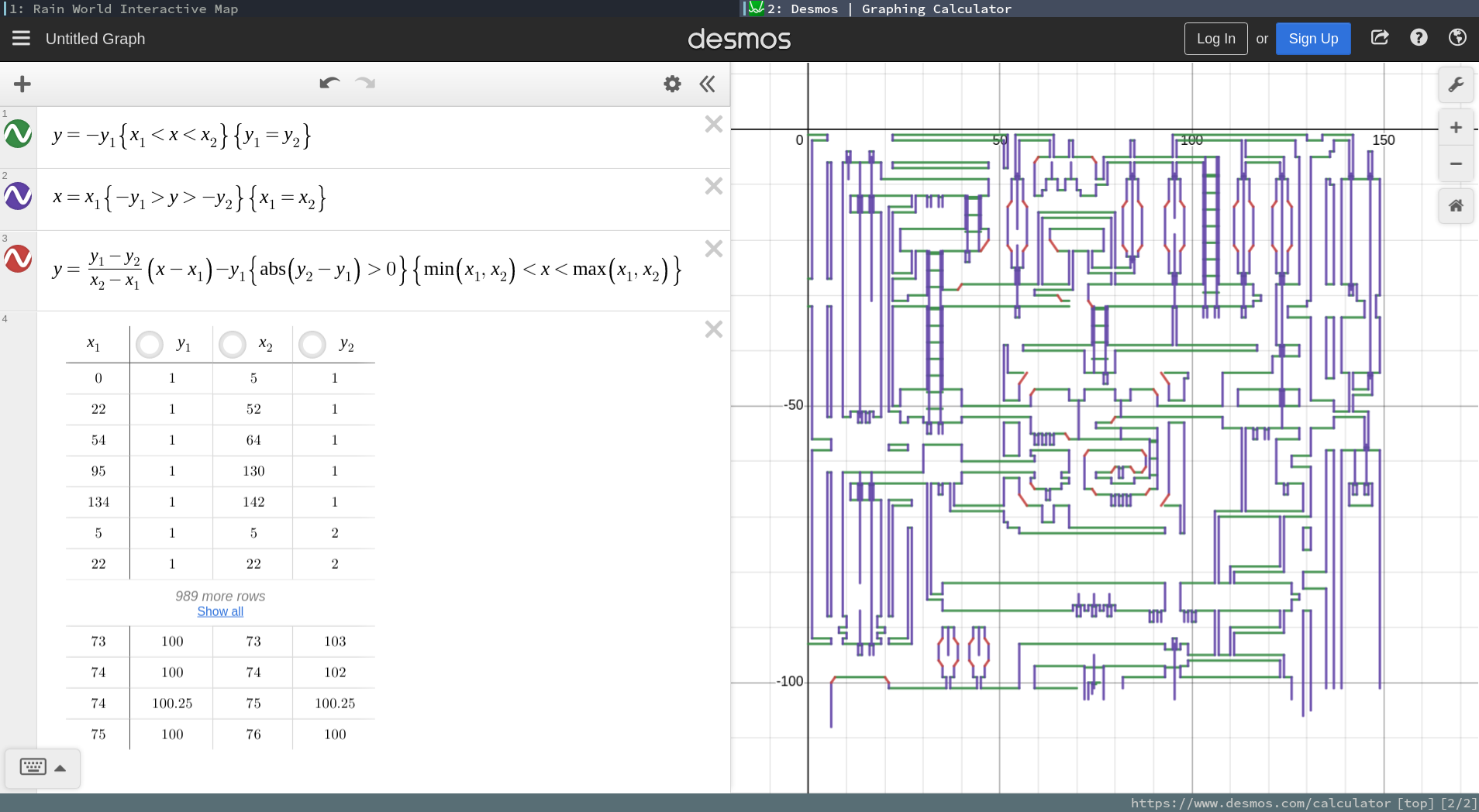 A screenshot of a Desmos graph. Data has been copy/pasted into tables, and a few short equations to render lines from them has created the outline of a room on the graph.